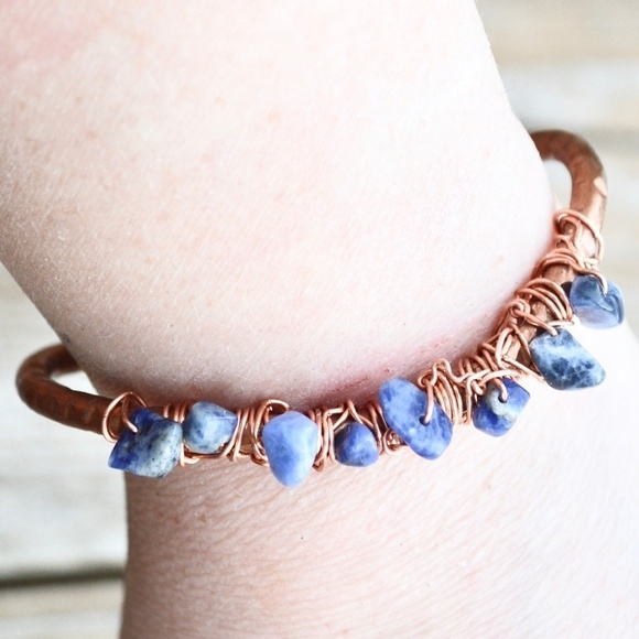 Sodalite Gemstone Wrapped Copper Cuff Bracelet - Picture 4 of 8